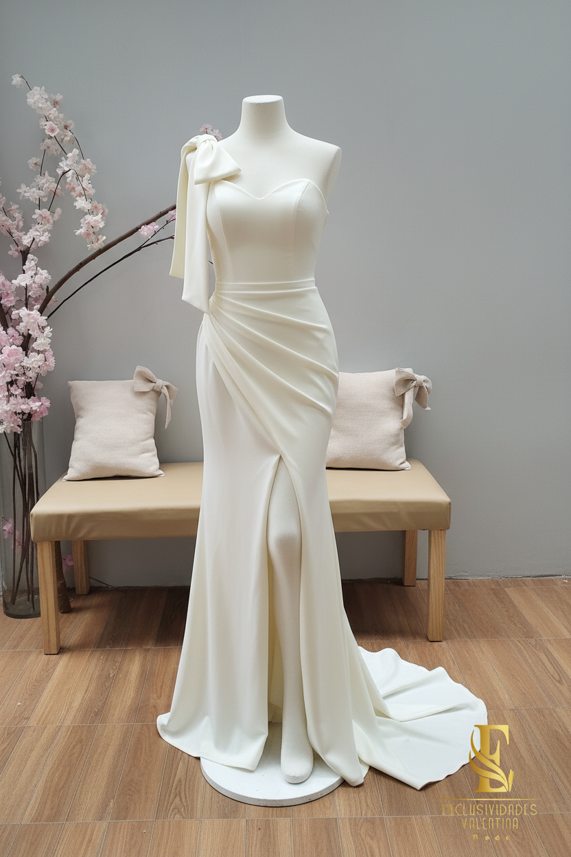 Vestido Crema Un Hombro con Moño y Abertura Frontal cod.V278