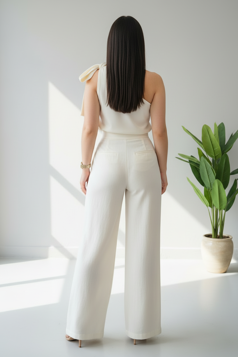 Conjunto Ivory One-Shoulder Bow & Palazzo cod.583