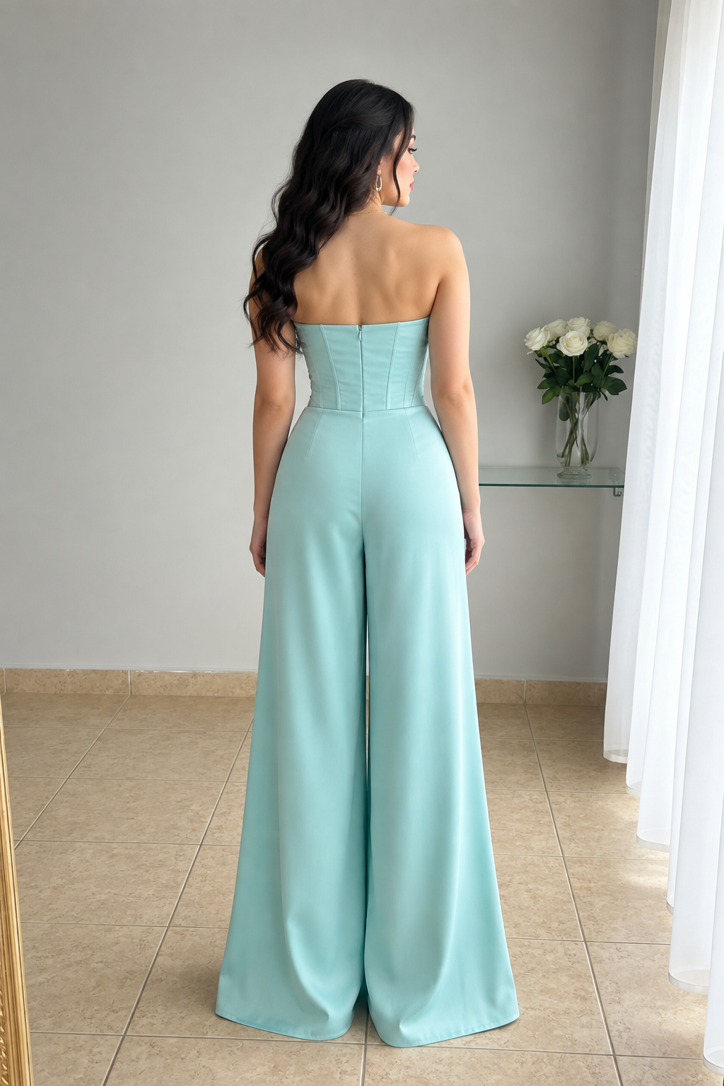 Enterizo verde agua bustier drapeado con perlas y pantalón palazzo cod. E0009
