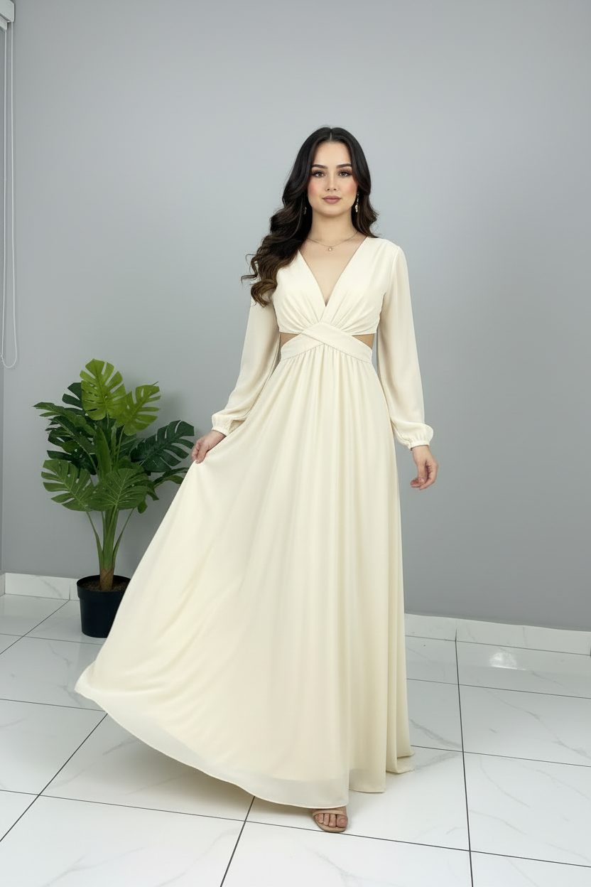Vestido Crema Marfil Escote V Mangas Largas con Cut-Out cod.643