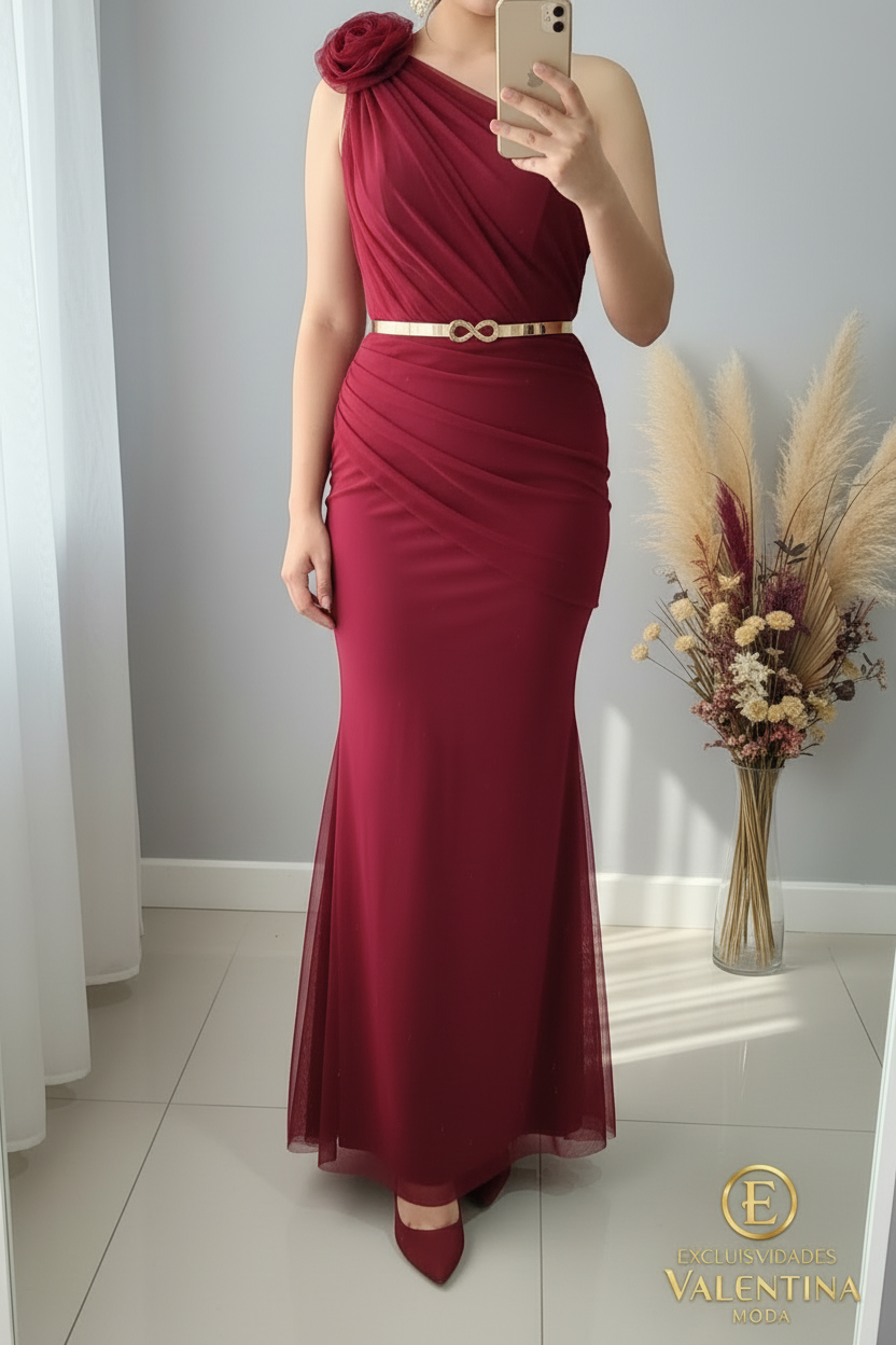 Vestido Sirena Un Hombro Burdeos Rosa D cod.V399