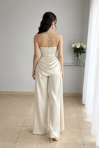 Enterizo Cream, Bustier Perlas Drapeado Lateral Pantalón Recto cod.E0006