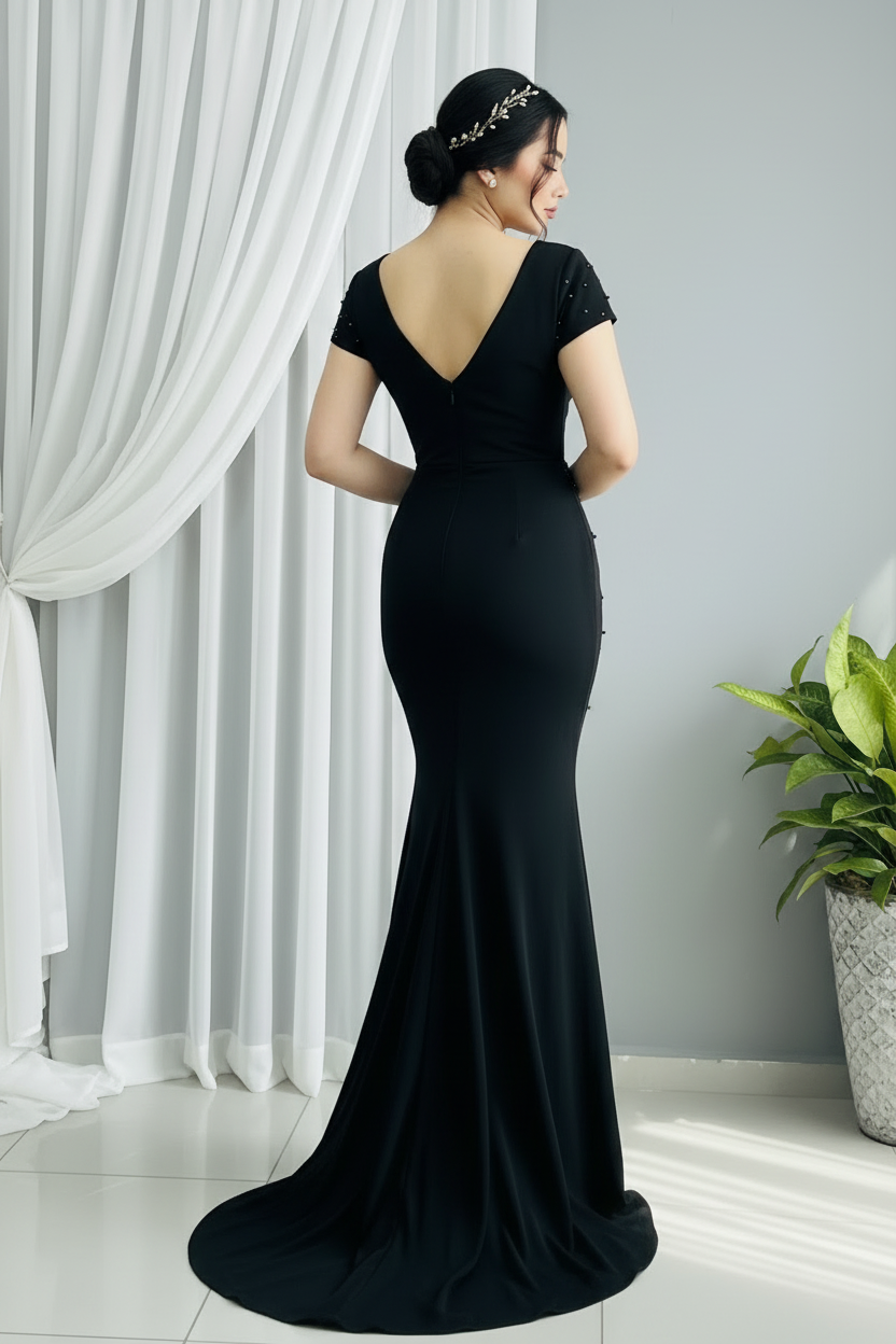 Vestido Negro Perlas Abertura cod.001