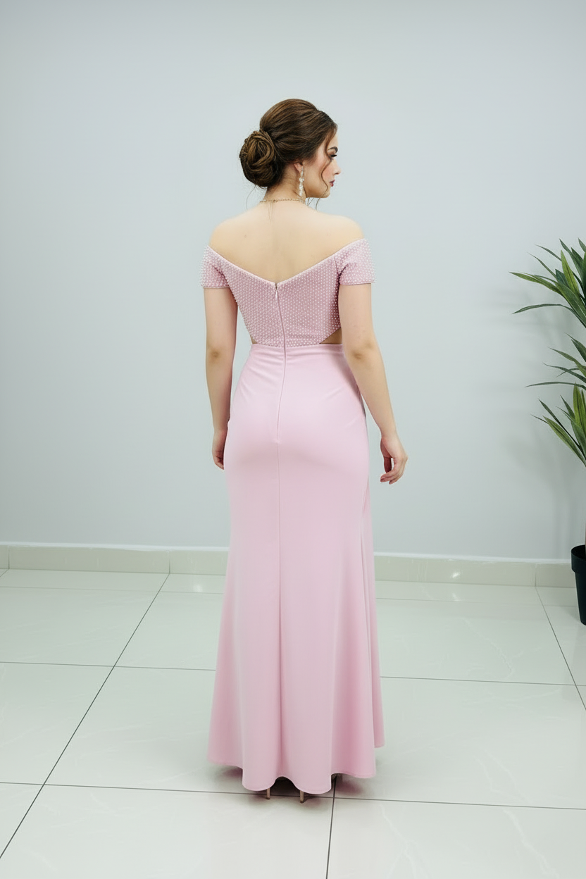 Vestido Formal Rosa Off-Shoulder Corset de Perlas con Rosa 3D y Falda Drapeada cod.531