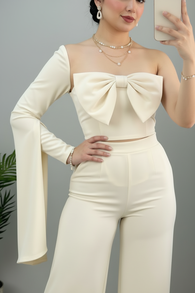 Set Crema Corset con Lazo 3D y Mangas Campana Exclusivo cod.806
