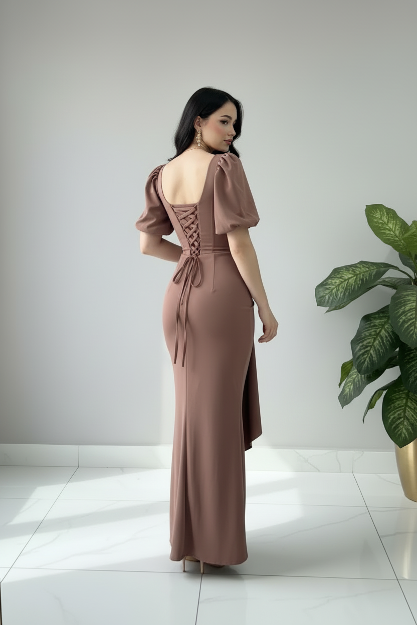 Vestido Mauve Corset con Mangas Globo y Lazo en la Cadera cod.659