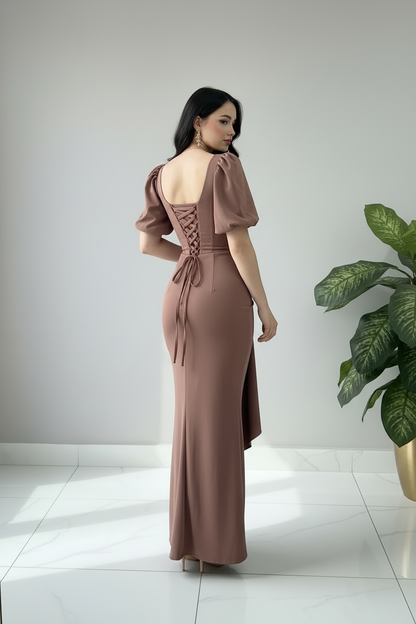 Vestido Mauve Corset con Mangas Globo y Lazo en la Cadera cod.659