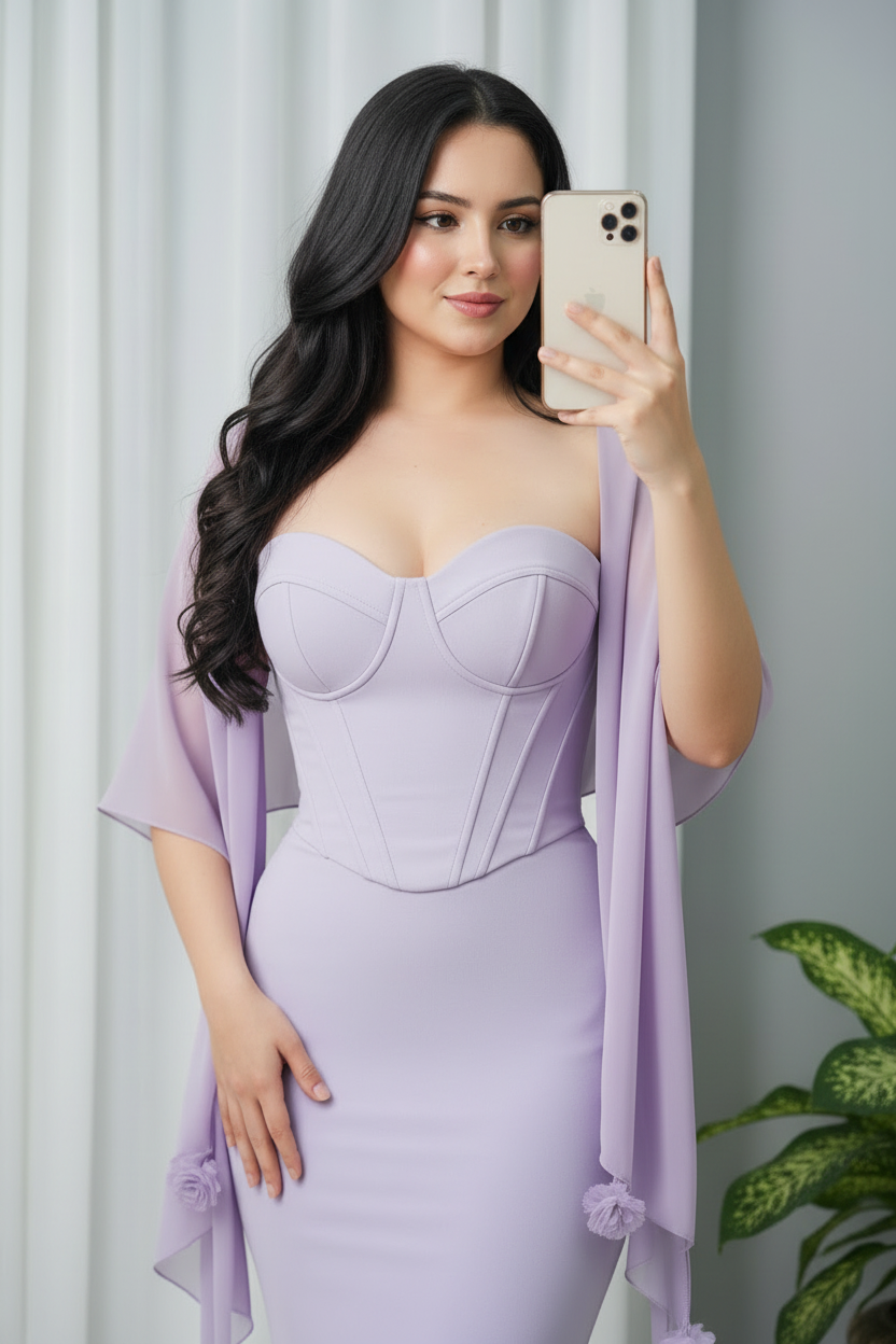 Vestido Lila Corsé con Chal Pompones cod.009