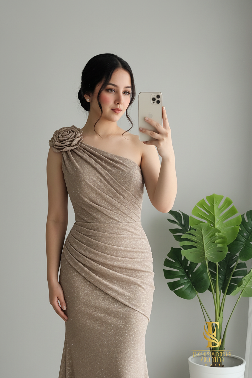 Vestido Champagne One Shoulder Rose Sirena cod.V226