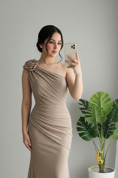 Vestido Champagne One Shoulder Rose Sirena cod.V226