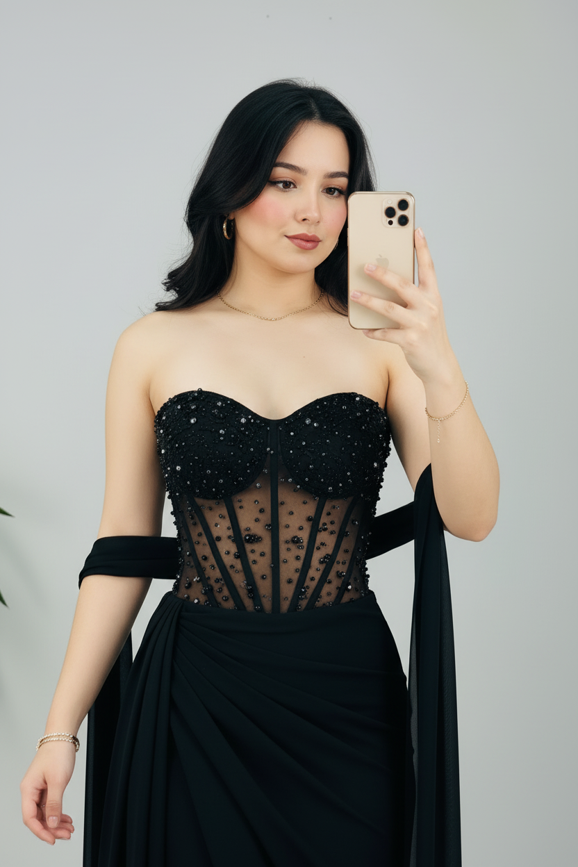 Vestido Formal Negro Strapless Corset Transparente con Pedrería y Capa Drapeada cod.528