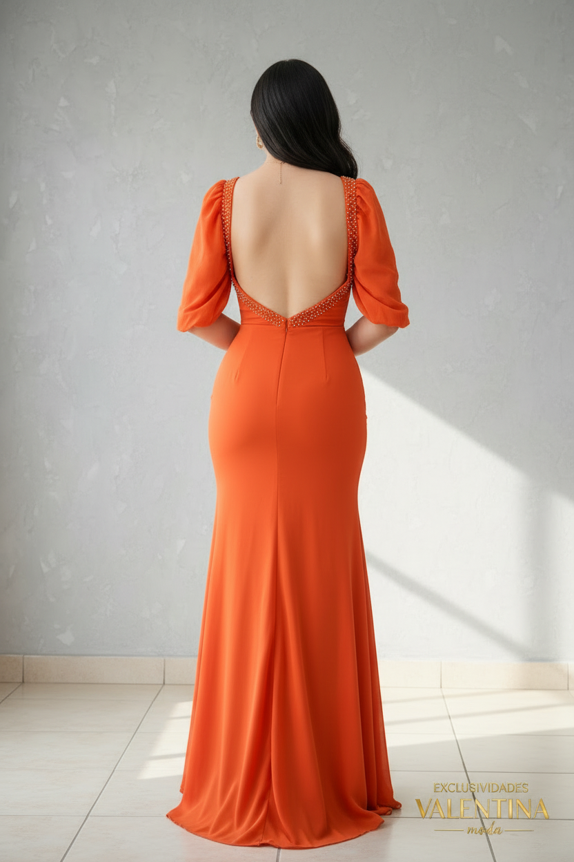 Vestido Naranja Sirena con Mangas Abullonadas y Abertura Frontal cod.V525