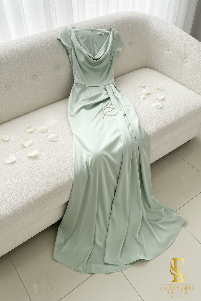 Vestido Sirena Verde Menta Drapeado | cod.V434