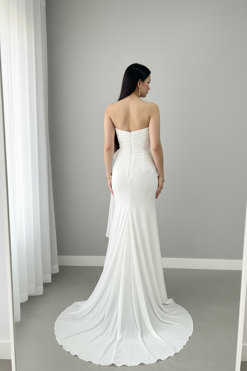 Vestido Blanco Strapless Sirena con Rosa 3D y Train cod.971