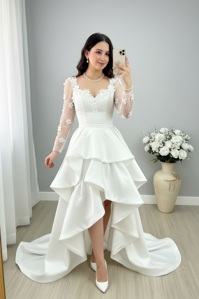 Vestido nupcial blanco manga encaje flores 3D falda hi-low capas cola C.1946