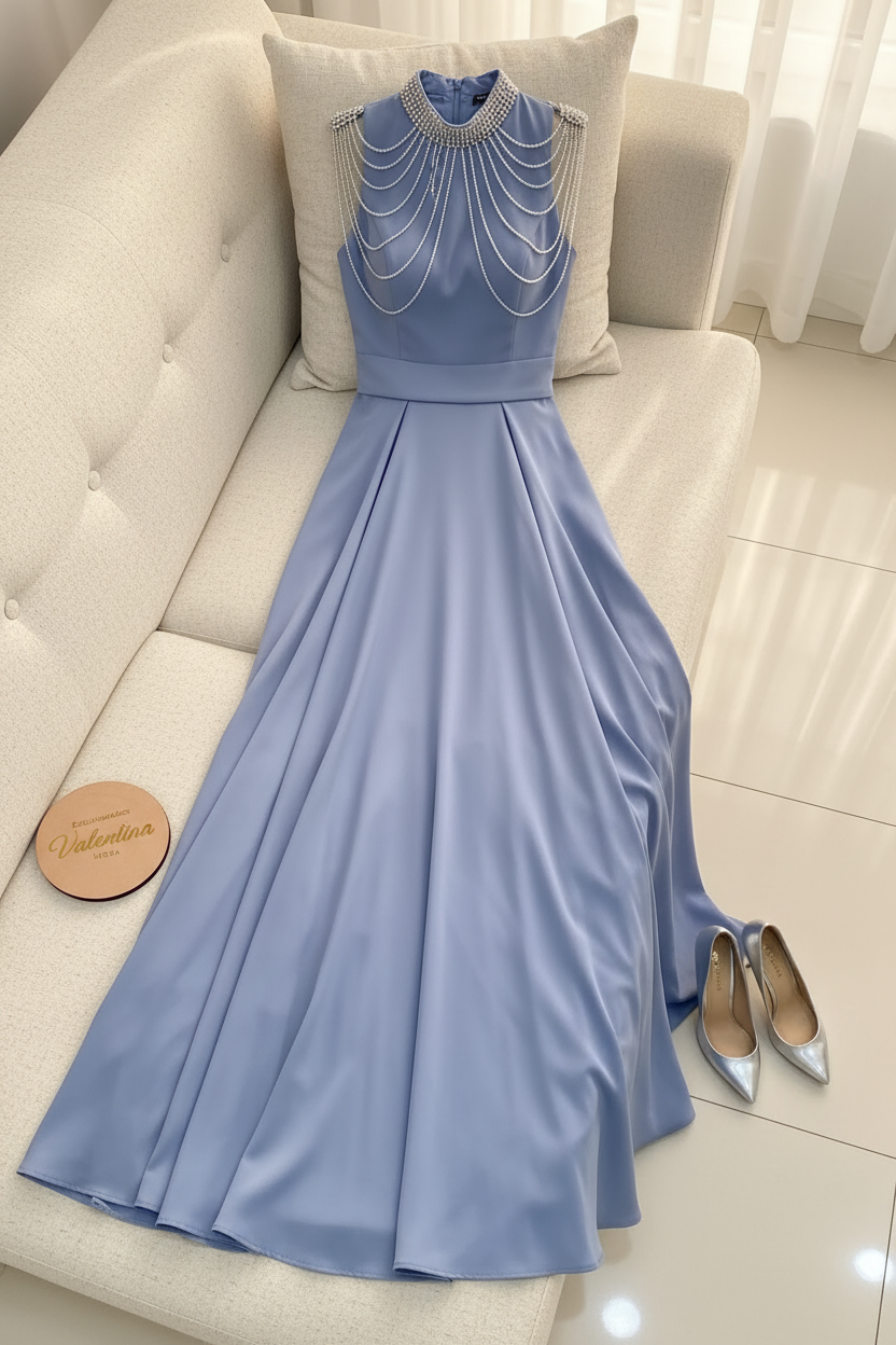 Vestido Blue Pearl – Gown Azul Acero Cuello Alto con Drapeado de Perlas cod.679