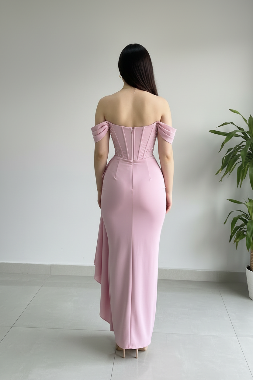 Vestido Formal Rosa Off-Shoulder Corset con Perlas y Lazos cod.505