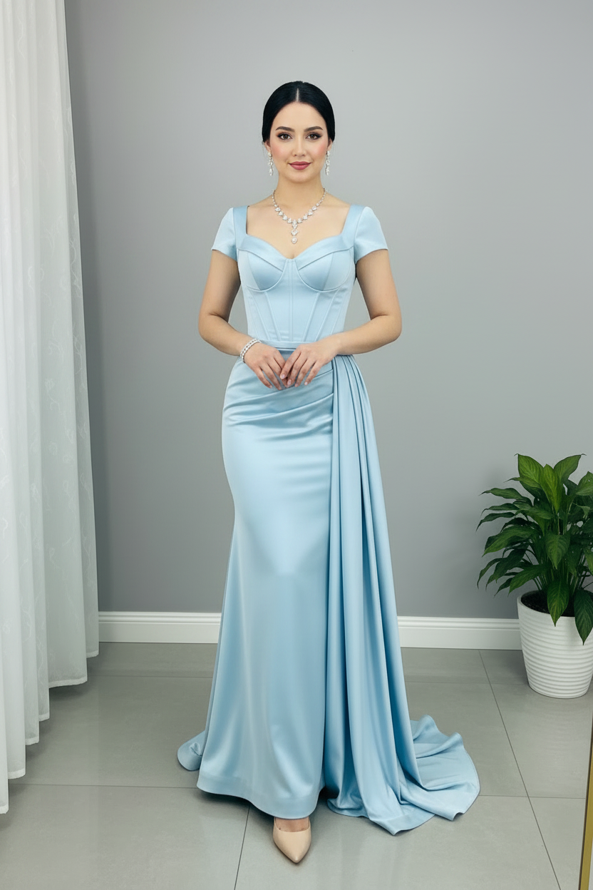 Vestido Sirena Azul Satén — Corset Ballenas, Escote Corazón & Drapeado Lateral Cola Amplia cod.886
