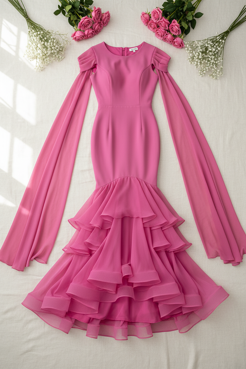 Vestido rosa fucsia sirena capa gasa volantes en capas C.1943