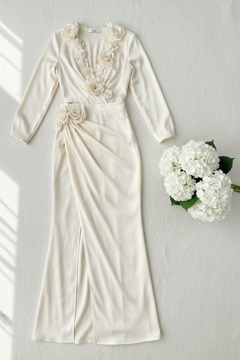 Conjunto crema ivory blusa rosas 3D falda drapeada C.1938