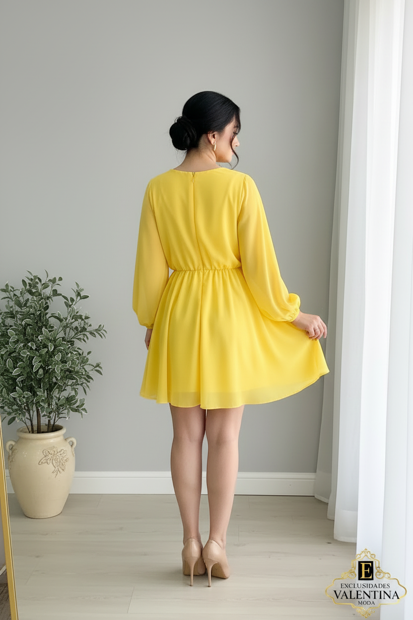 Vestido Amarillo Escote V Cruzado Manga Globo Rosa 3D Falda Chifón cod.940
