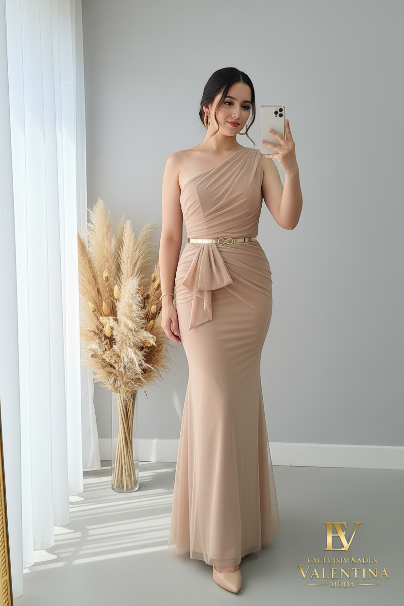 Vestido Sirena Champagne Un Hombro Tul Drapeado Lazo cod.V405
