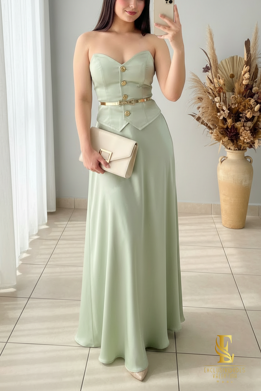 Conjunto Verde Menta | Top Corsé Strapless Botones Dorados y Falda Maxi  cod.C511