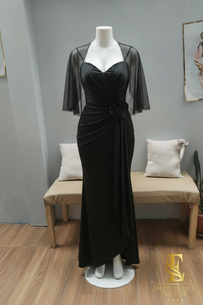 Vestido Negro Sirena con Capa de Tul Brillos y Rosa D cod.V277