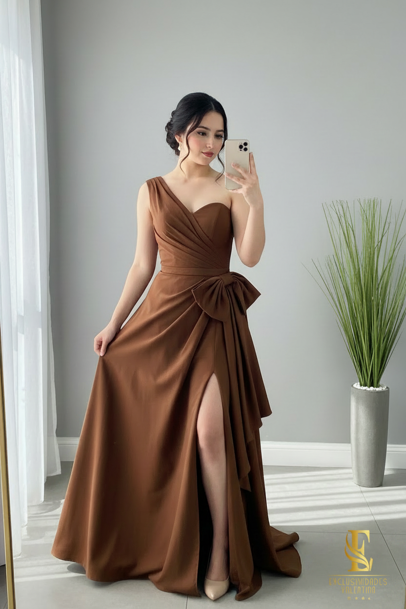 Vestido Chocolate One Shoulder Bow A-Line cod.V232