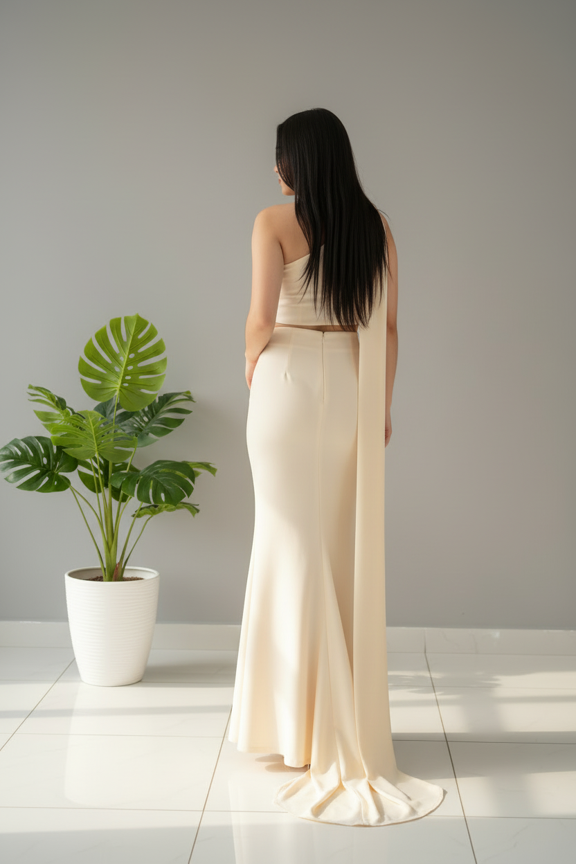 Conjunto Ivory Rose – Top Un Hombro con Rosa 3D & Cola + Falda Sirena cod.683