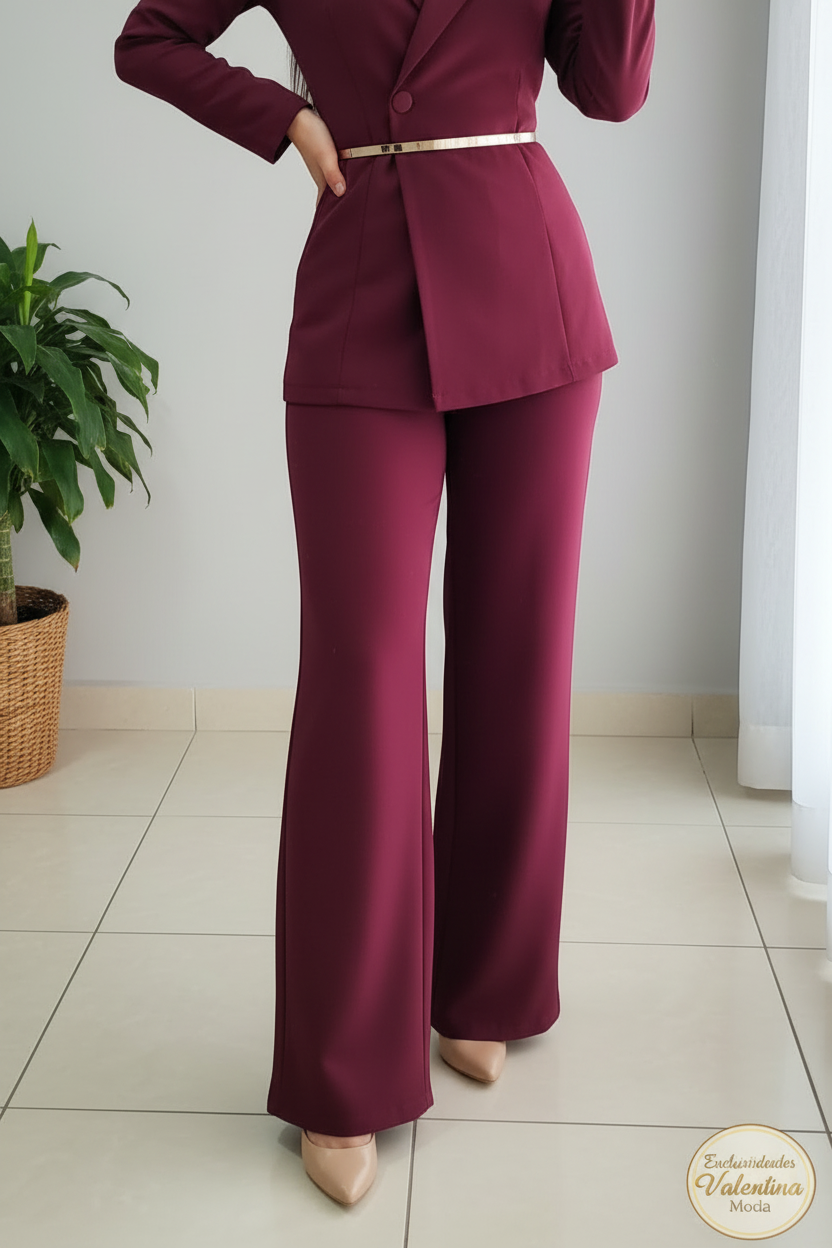 Conjunto 2 Piezas Vino Borgoña Blazer Peplum Asimétrico y Palazzo cod.00143