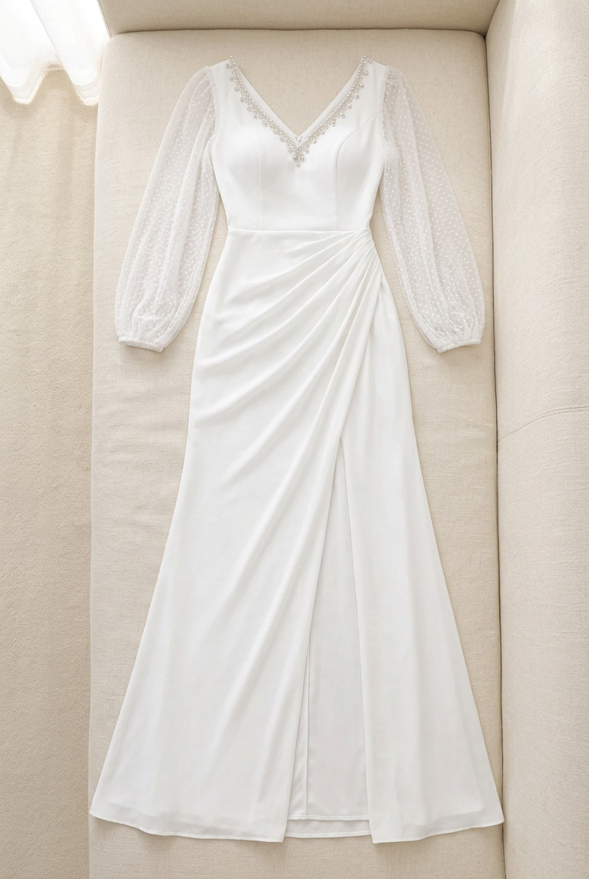 Vestido largo blanco escote V con mangas transparentes y abertura cod. VC033