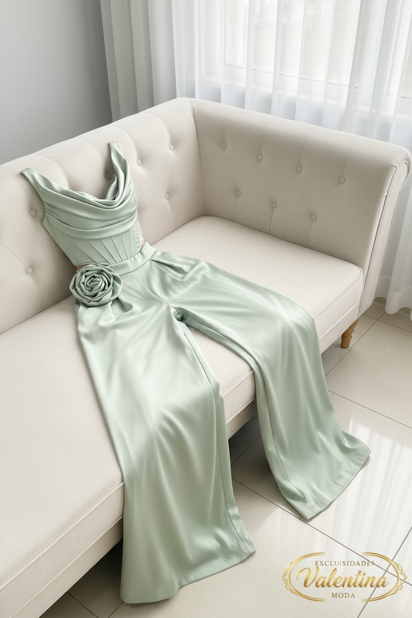 Conjunto Verde Menta | Top Corsé con Rosa 3D y Palazzo cod.C442
