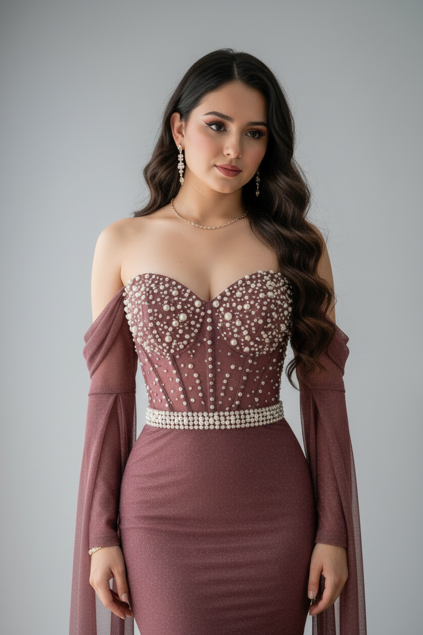 Vestido Gala Rosa Palo Sirena Corset Perlas Cristales Mangas Capa Tul cod.V0035