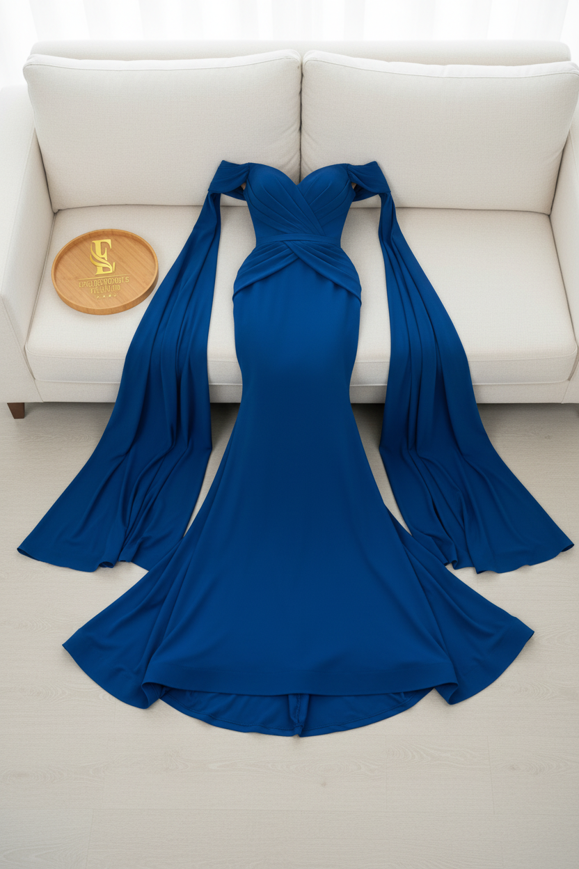 Vestido Azul Royal Off-Shoulder Mangas Capa cod.0012