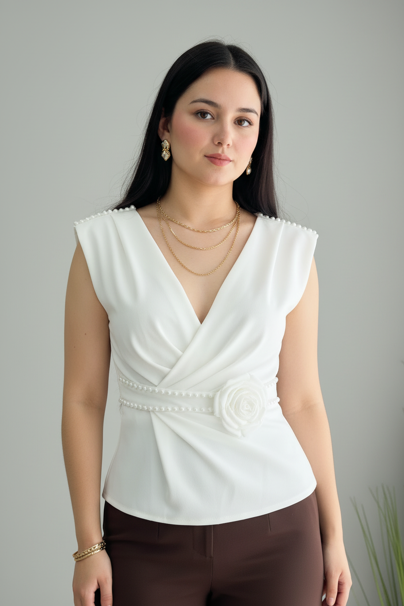 Blusa Blanca Cruzada con Rosa D cod.B616