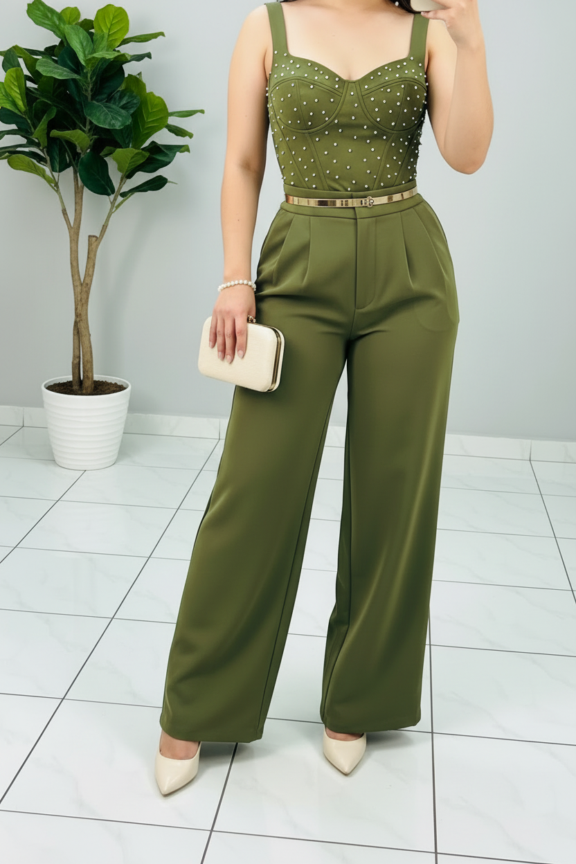 Conjunto Verde Oliva Bustier con Perlas Doradas y Pantalón Palazzo cod.554