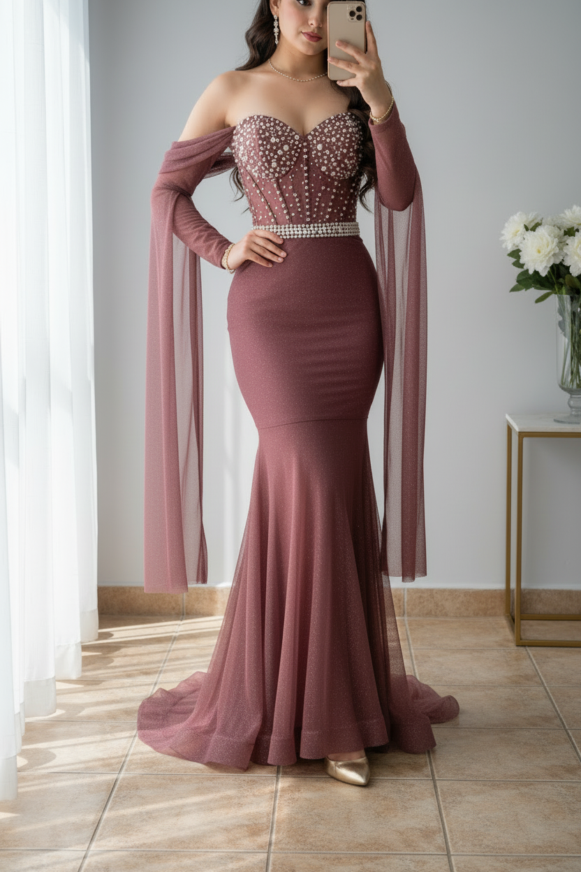 Vestido Gala Rosa Palo Sirena Corset Perlas Cristales Mangas Capa Tul cod.V0035