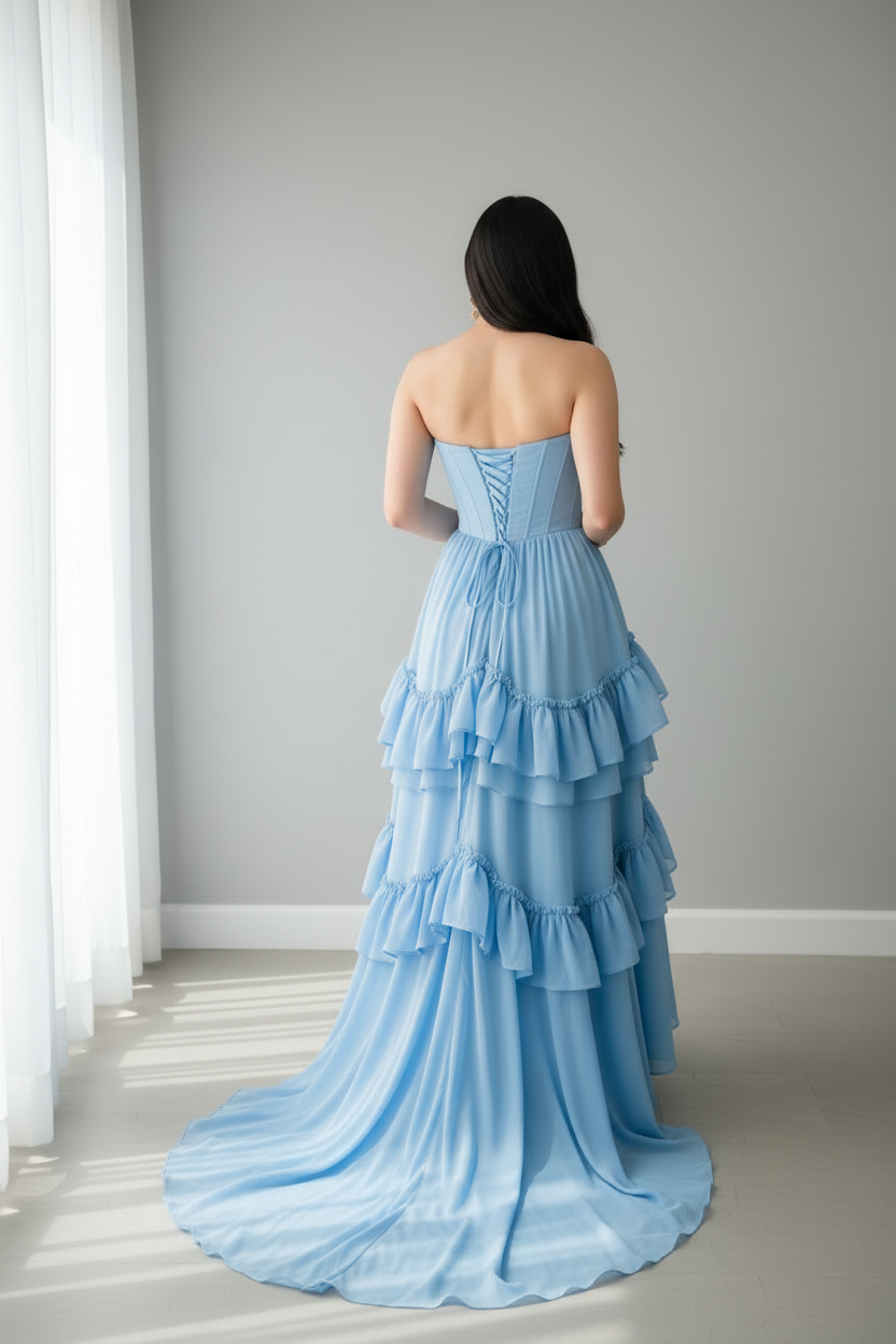 Vestido Azul Cielo Strapless Corset Drapeado Cruzado y Falda Volantes en Capas cod.770