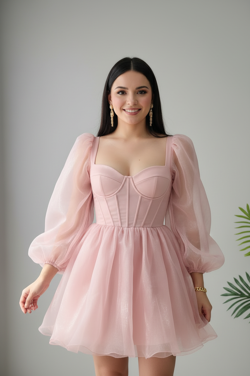Vestido Rosa Pastel Corsé Manga Puff Bishop con Falda Organza Mini cod.983