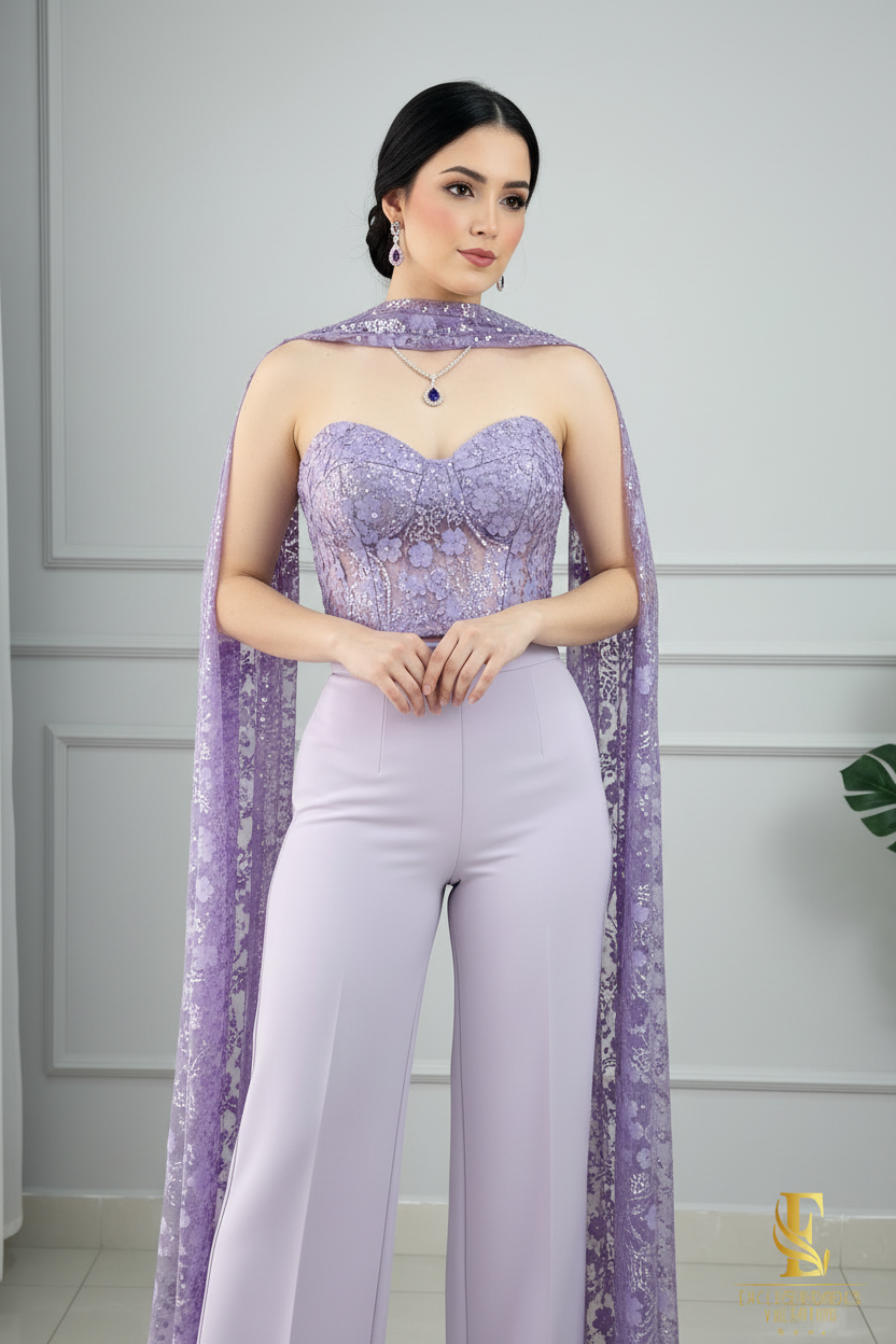 Conjunto Lila Encaje Capa 3 Piezas cod.911