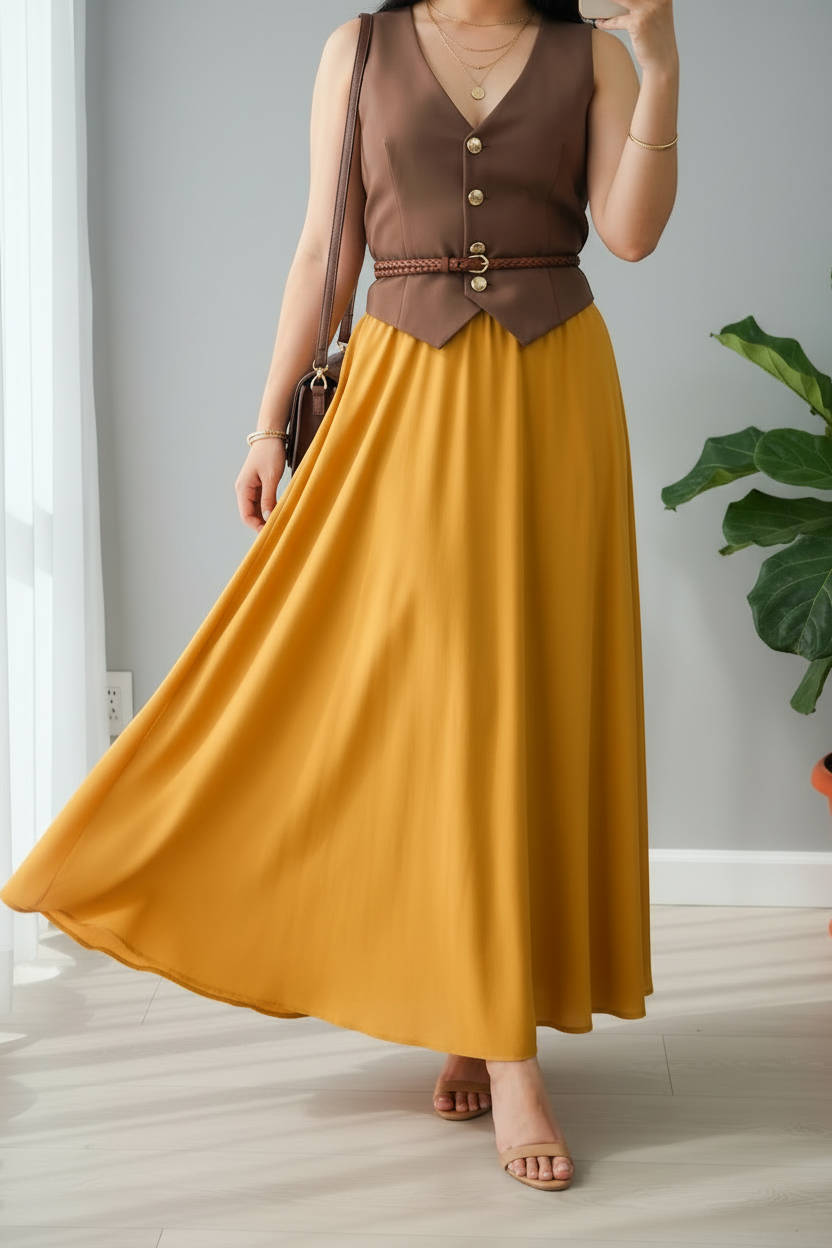 Conjunto Chaleco Café con Falda Mostaza cod.753