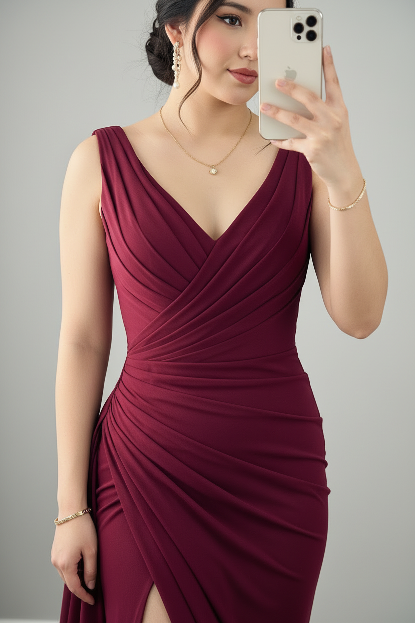 Vestido Largo Vino Borgoña — Escote V Cruzado, Drapeado Frontal & Abertura Lateral cod.890