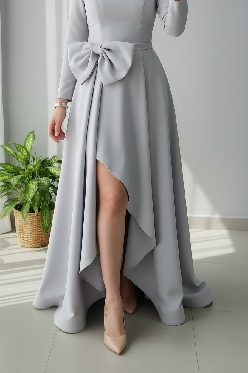 Vestido Gris Perla Mangas Largas con Moño y Falda Asimétrica cod.722