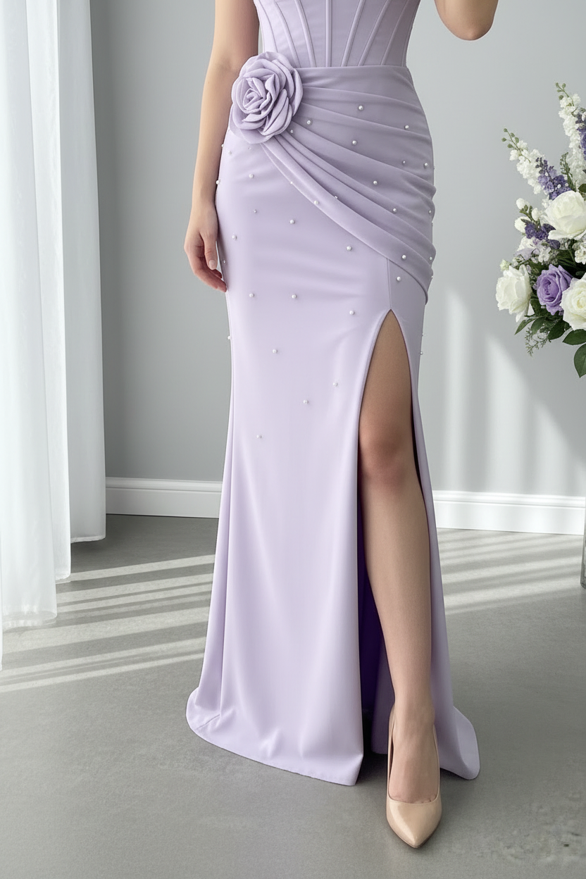 Vestido Lila Lavanda Un Hombro Corsé Perlas Rosa 3D Abertura cod.V0035