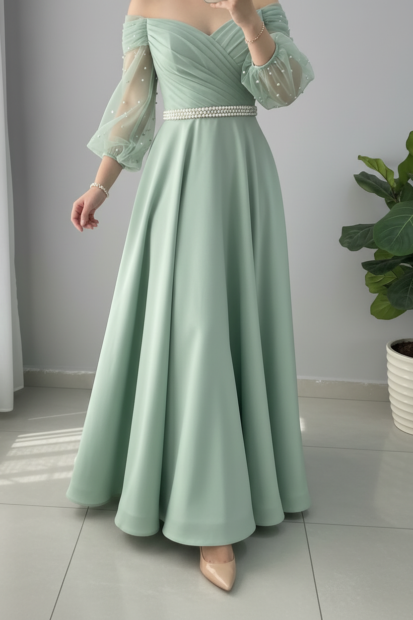 Vestido Verde Salvia Sage Off-Shoulder Manga Tul Perlas Cinturon Ancho A-Line cod.840
