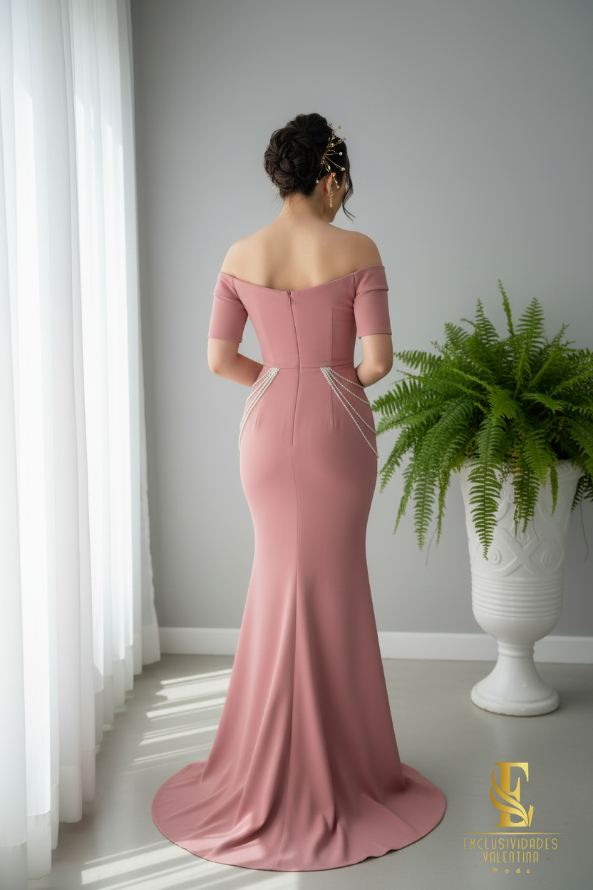 Vestido Rosa Palo Sirena Off-Shoulder con Cadenas de Perlas cod.0069
