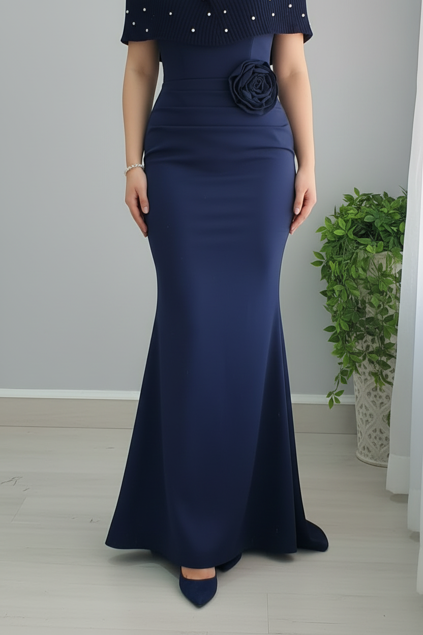 Vestido Sirena Azul Marino con Perlas y Rosa 3D Exclusivo cod.805