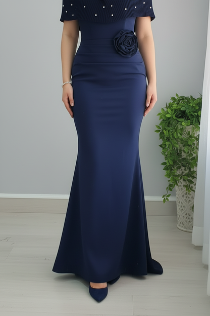 Vestido Sirena Azul Marino con Perlas y Rosa 3D Exclusivo cod.805