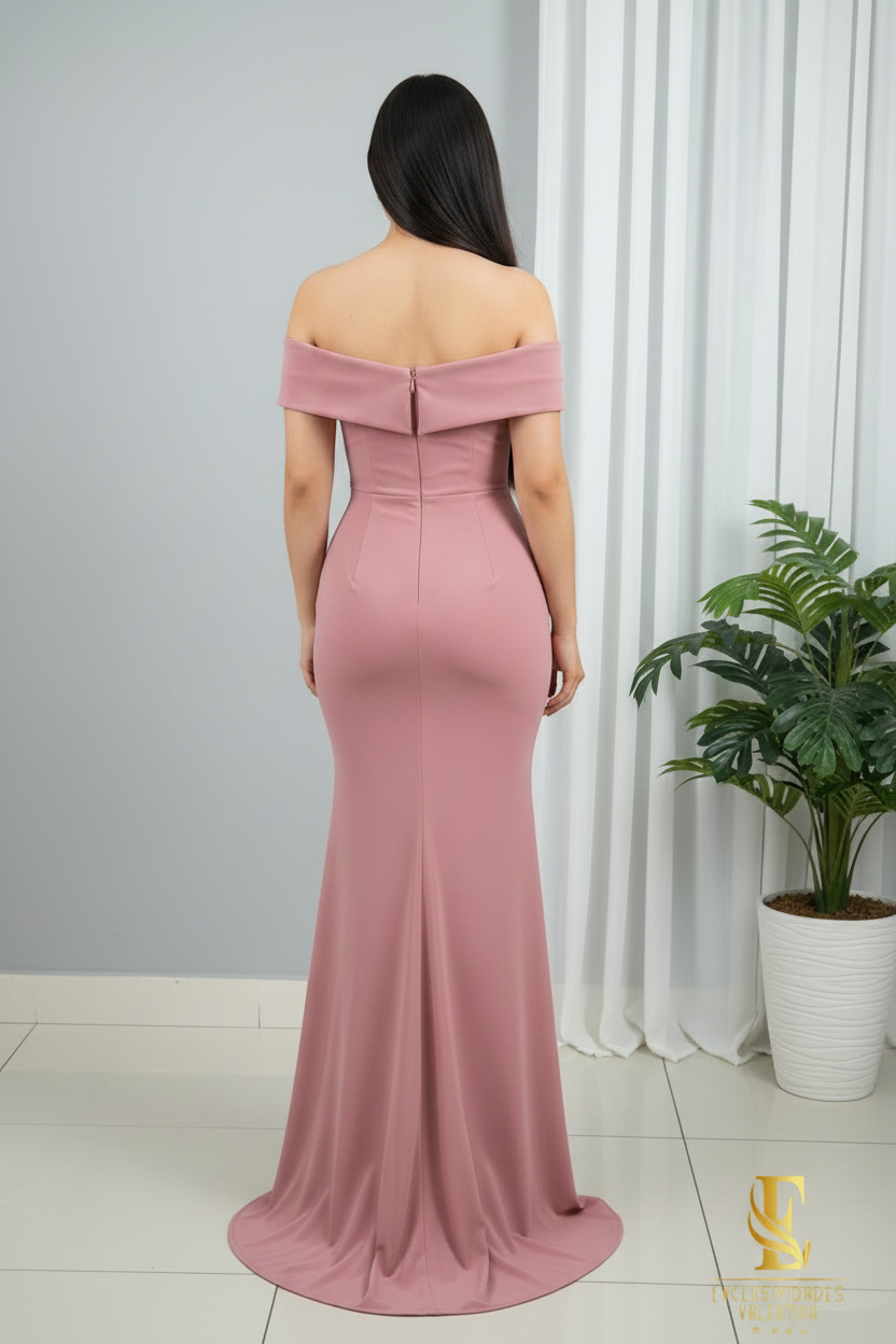Vestido Off-Shoulder Rosa Palo con Rosa en Cintura cod.0062